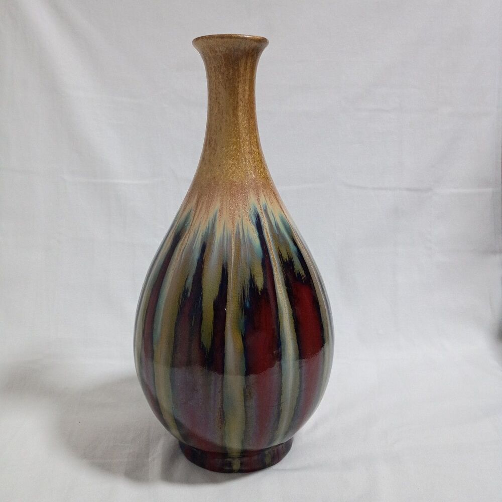 Drip Glaze Ceramic Vase 16" Tall Red and Gold Teardrop Shape